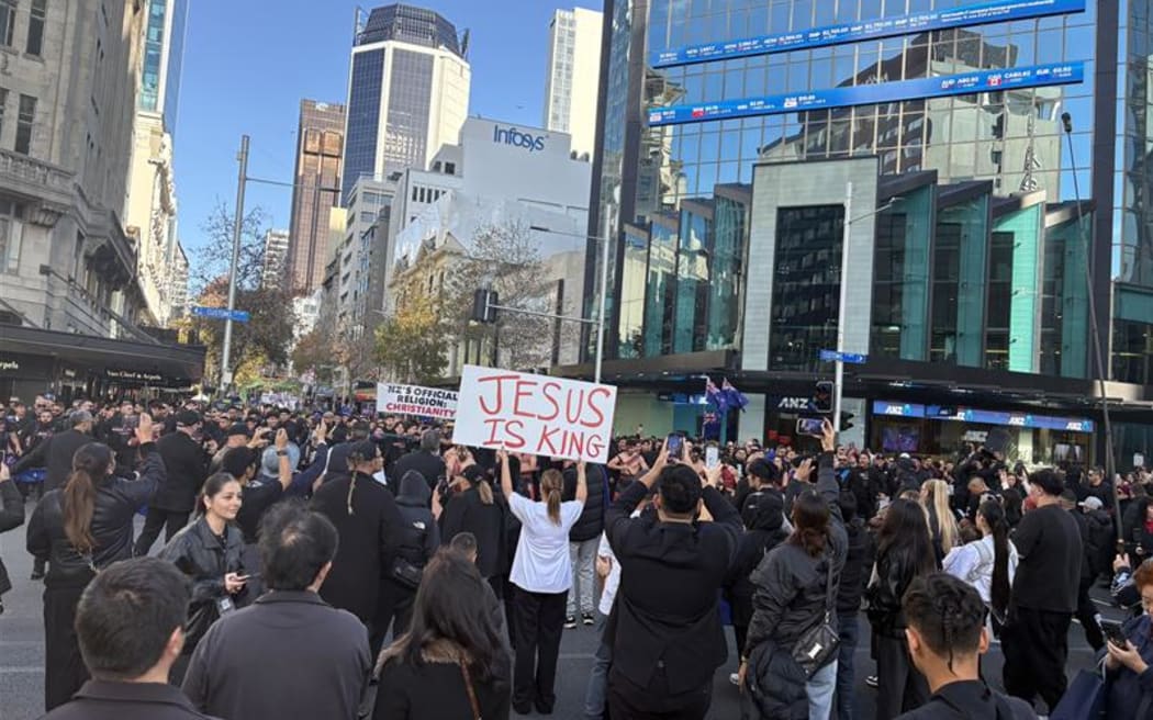 Protesters at the Destiny Church rally in Auckland on Saturday. Photo: RNZ