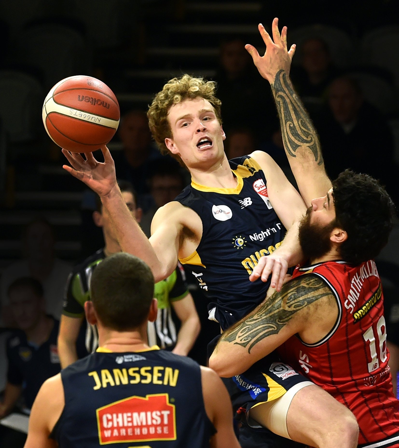 Patrick Freeman of the Otago Nuggets (left) and Tohi Smith-Milner of the Canterbury Rams battle...