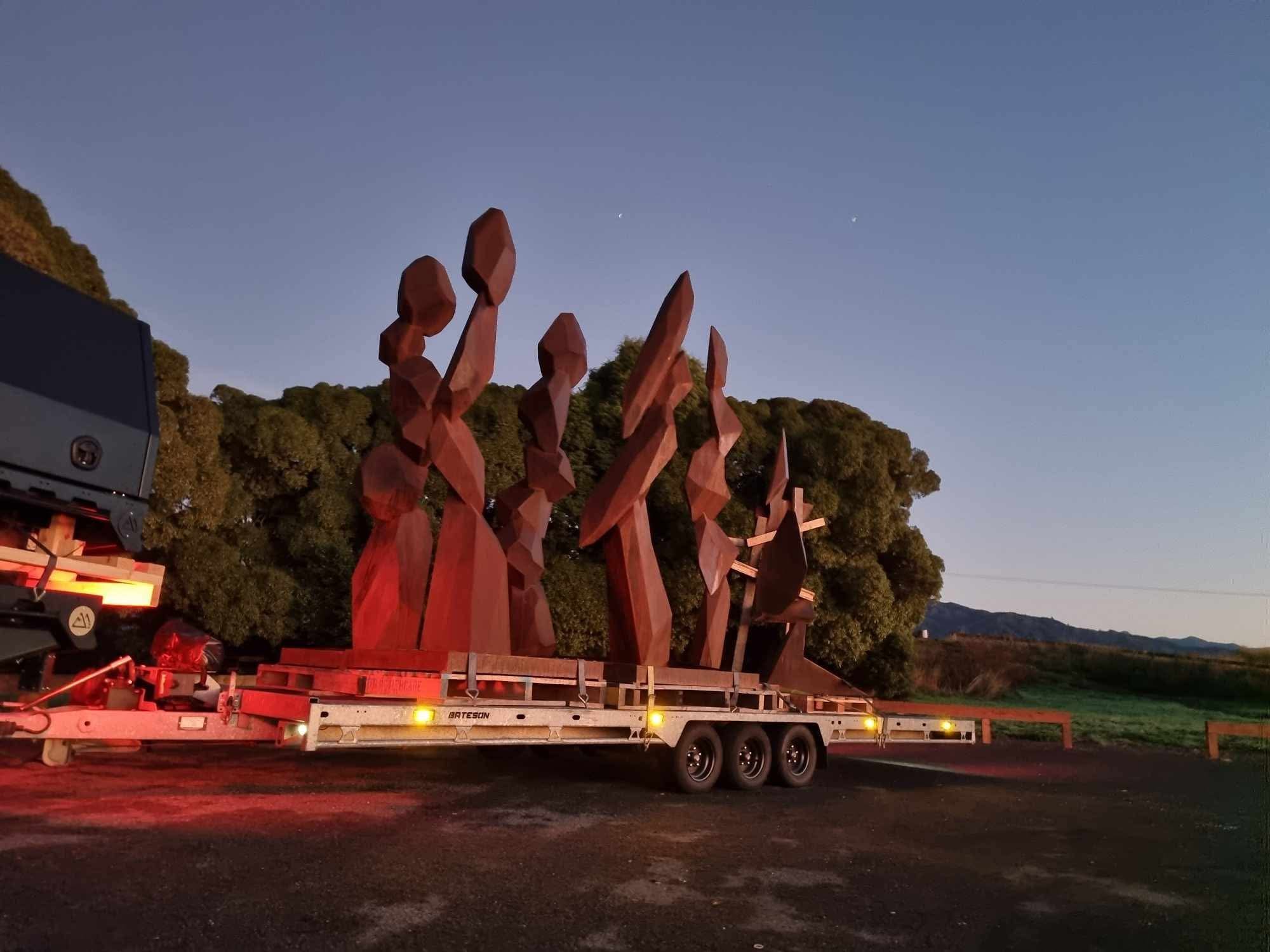 Ben Pearce’s works for his exhibition at Milford Gallery secured on a trailer ready for their...