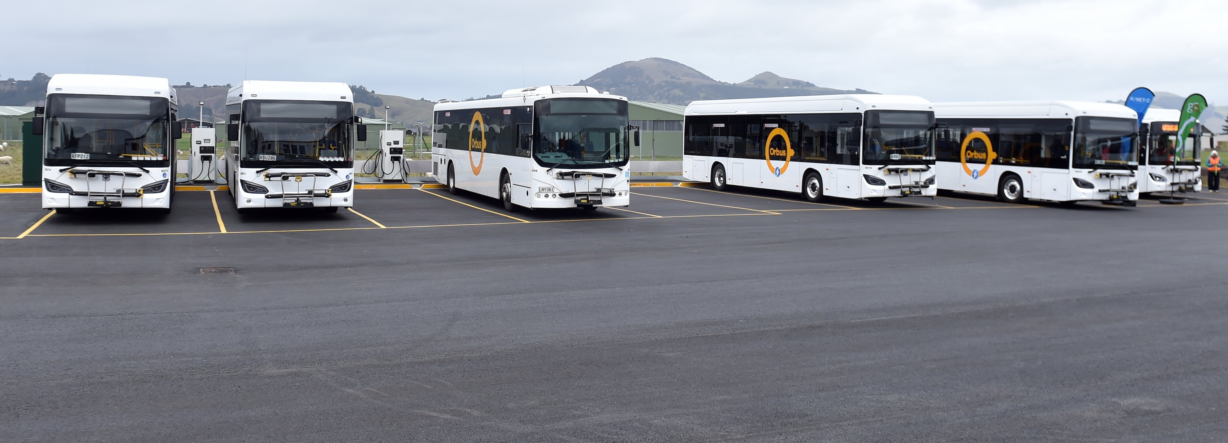 Buses charge at the Mosgiel Electric Bus Depot in Dukes Rd North, Mosgiel.