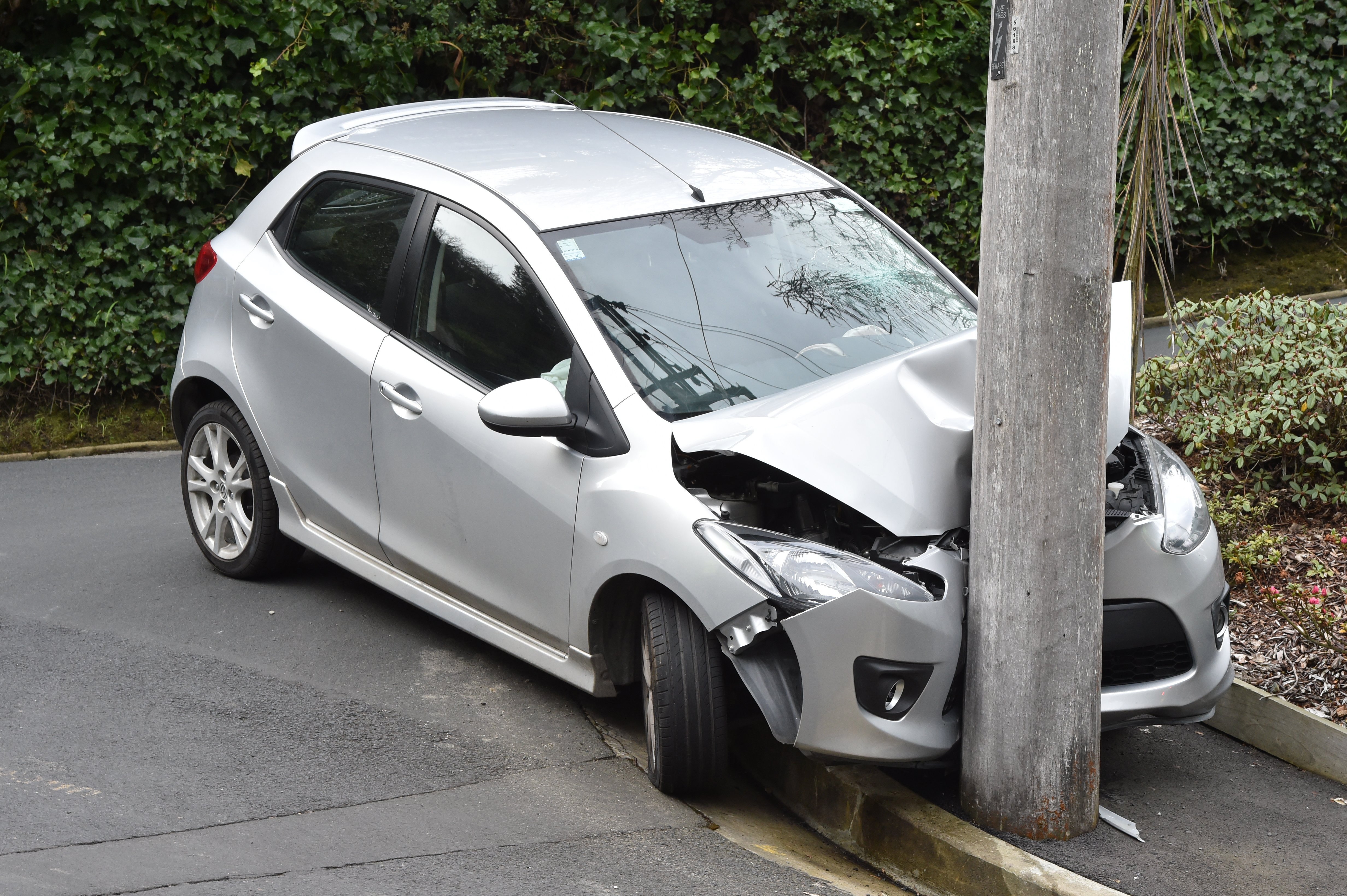 Car versus pole — a losing battle. PHOTO: GREGOR RICHARDSON
