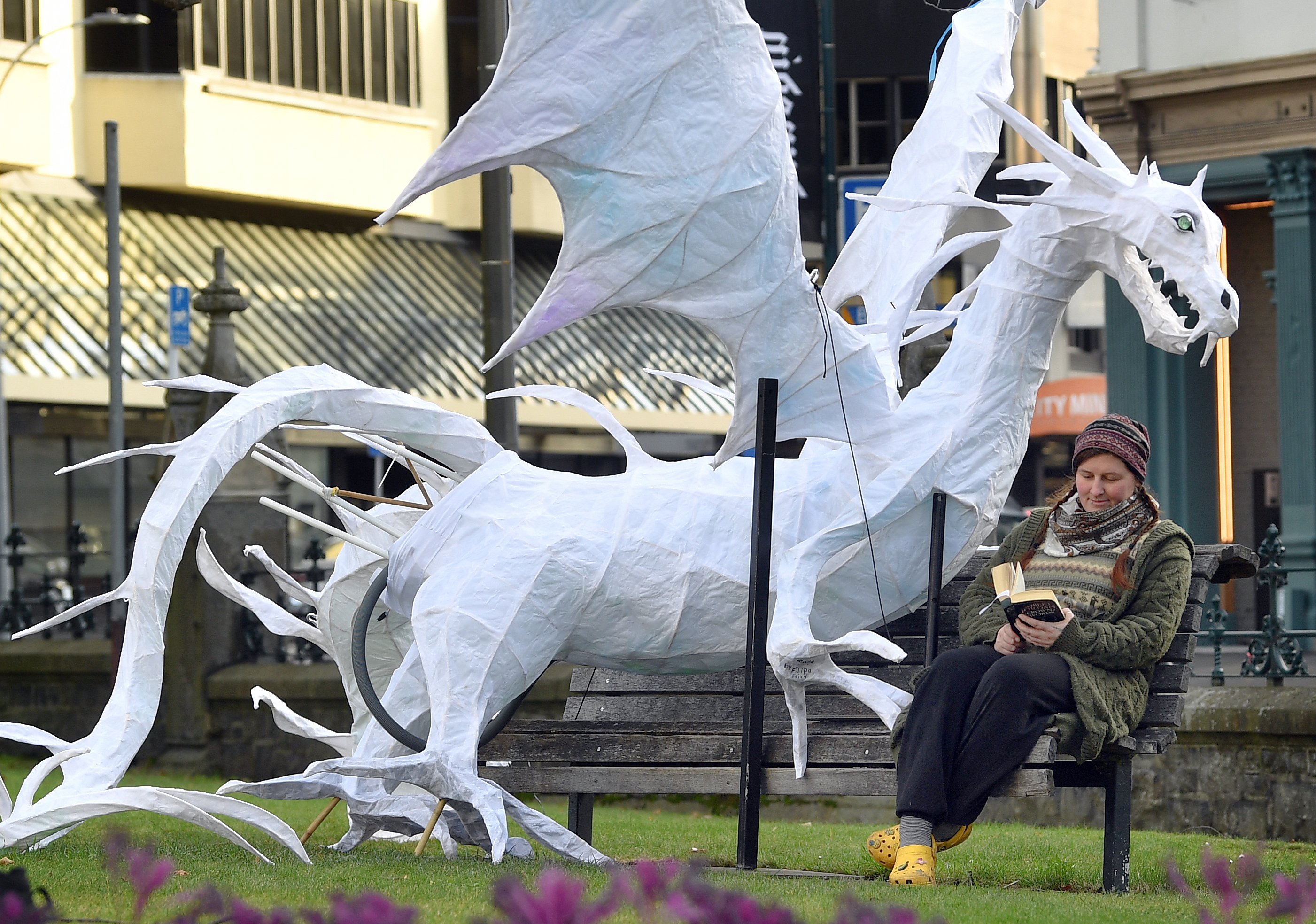 Dunedin Midwinter Carnival installation assistant Adele Cleverley takes a five-minute break as...
