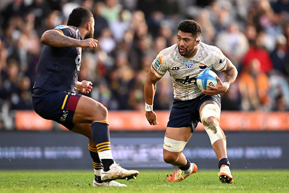 Moana Pasifika and All Blacks loose forward Ardie Savea on the run against the Highlanders in...