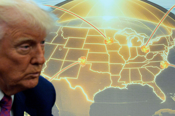 US President Donald Trump speaks in front of a map of Trump's proposed Golden Dome missile...