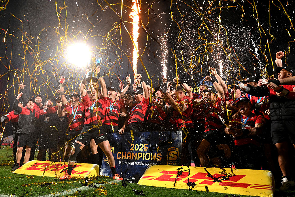 The Crusaders celebrate their victory in the Super Rugby Pacific final at Apollo Projects Stadium...