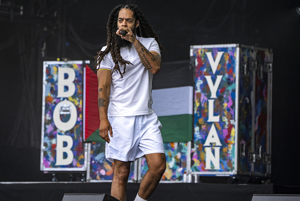 Bobby Vylan performs during Bob Vylan's set at Glatonbury yesterday. Photo: Getty Images