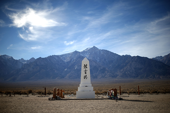 A monument honouring the dead stands in the cemetery at Manzanar National Historic Site, near...