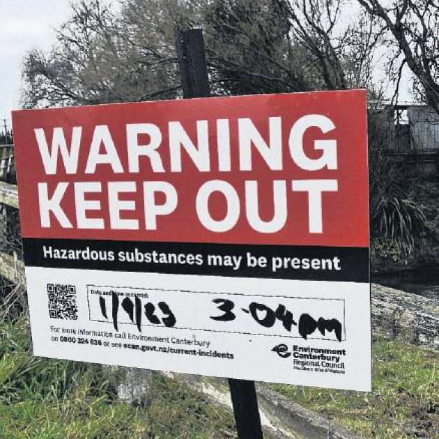 An Environment Canterbury sign placed near the Saltwater Creek bridge on the corner of Factory Rd...