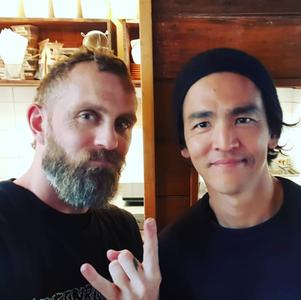 Evan Kiddey with american actor John Cho. Photo: Supplied