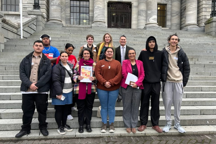 Pillars youth panel Ngā Rangitira Apōpō pictured with Minister for Children Karen Chhour and...