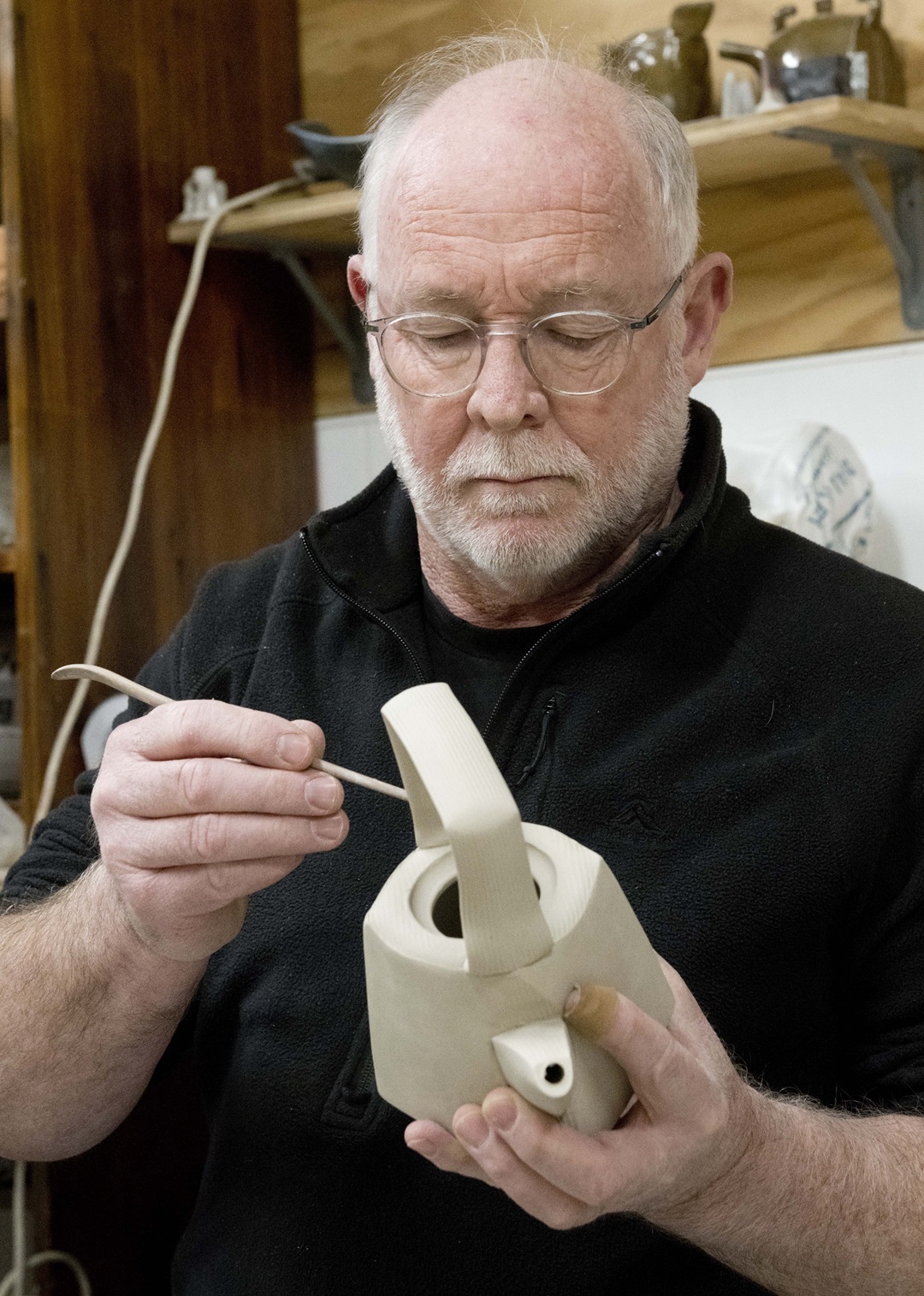 Chris Weaver’s pottery awaits finishing touches. Photo: Gerard O'Brien