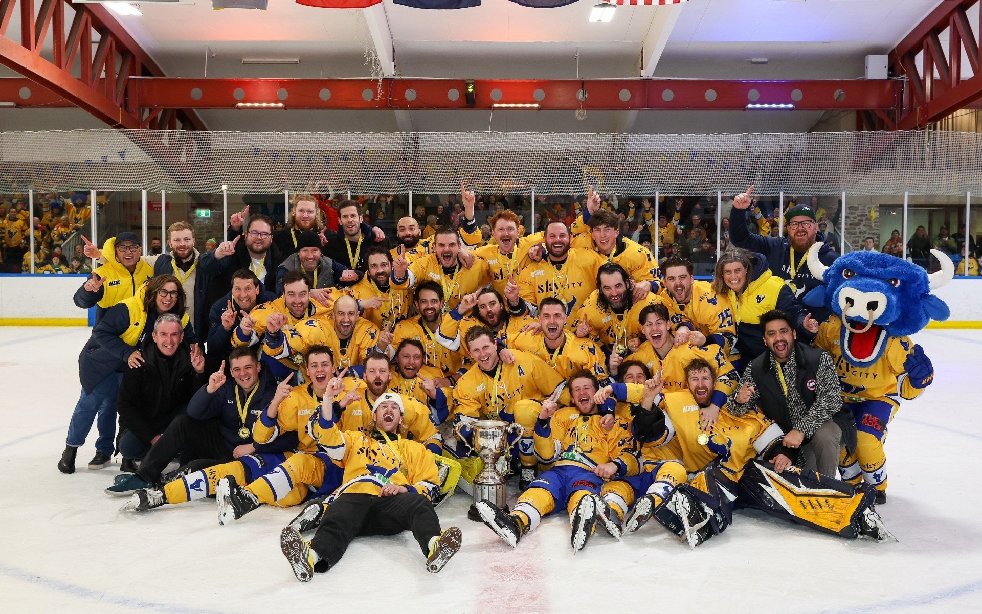 Southern Stampede players celebrate winning the national ice hockey league in Queenstown last...