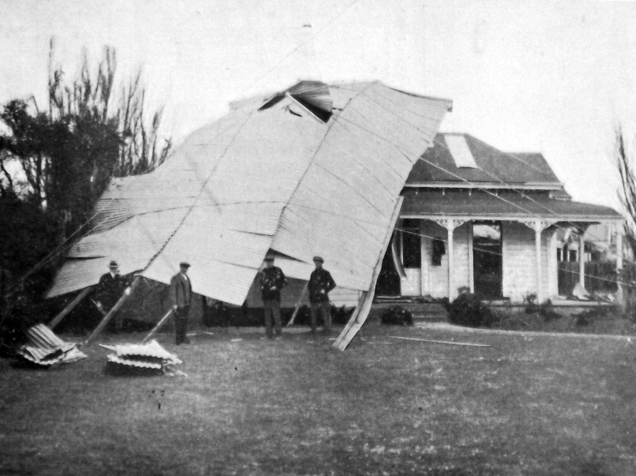 A house in Whanganui, on which the grandstand roof from the nearby recreation grounds landed...