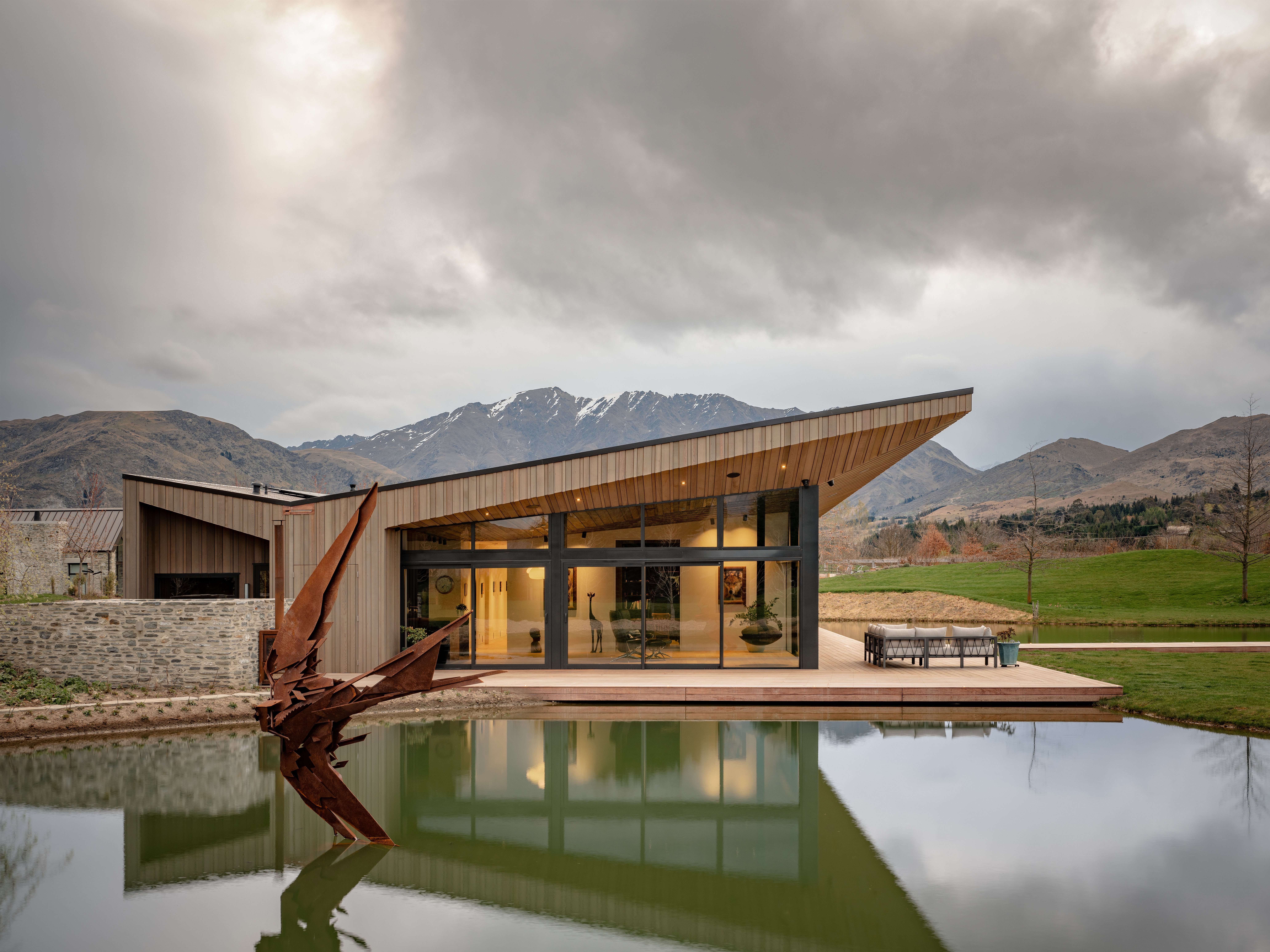 A statement roof gives this Queenstown house a dramatic profile. The roof houses solar panels and...