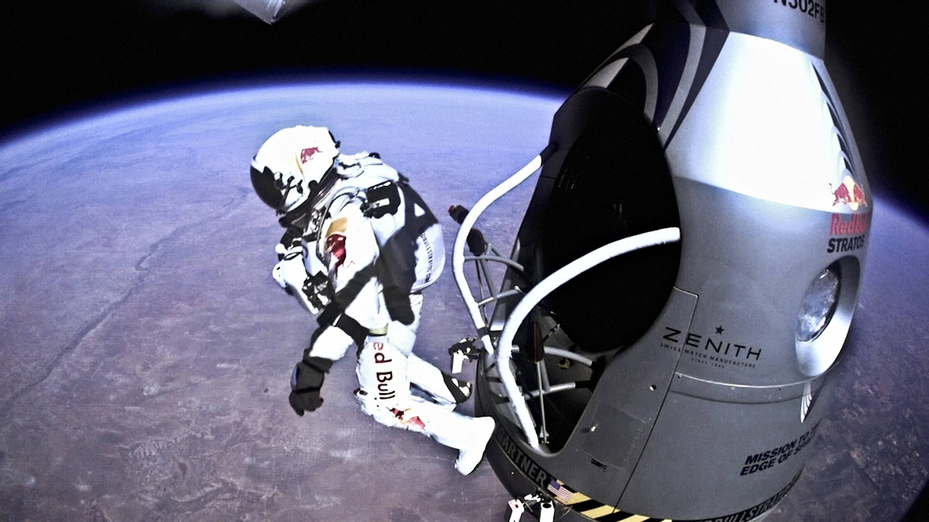 Felix Baumgartner jumps from the capsule at the edge of space above Roswell, New Mexico in...