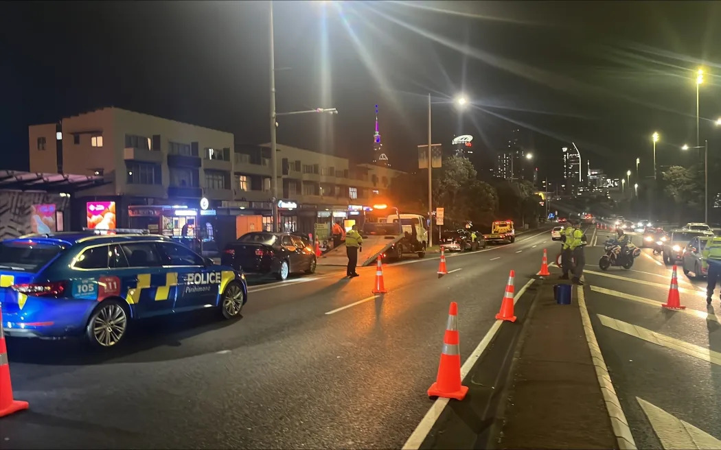 Police set up checkpoints at known meeting points across Tāmaki Makaurau on Saturday night. Photo...