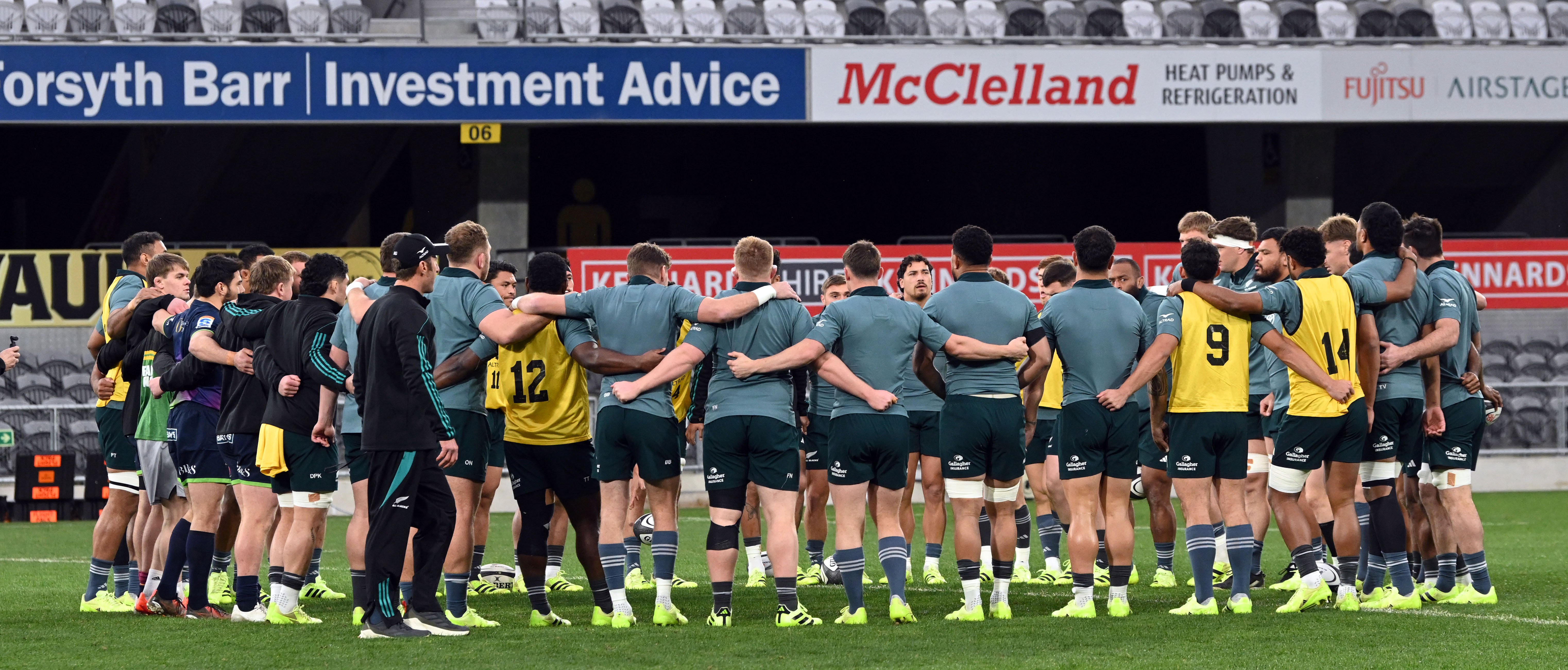 The All Blacks huddle together at a training session at Forsyth Barr Stadium yesterday.