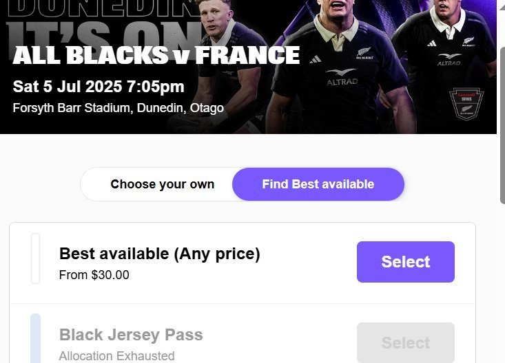 All Blacks v France match ticket booking at Forsyth Barr Stadium for Sat 5 July 2025. IMAGE:...
