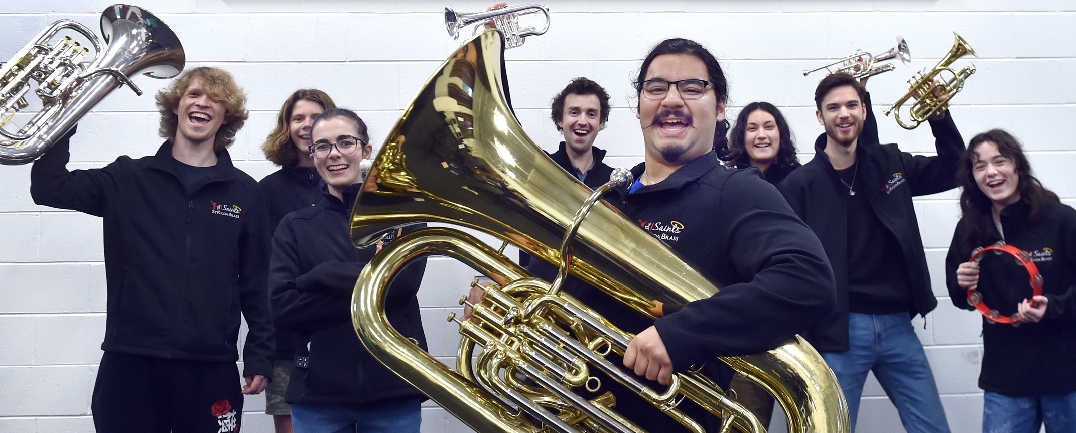 St Kilda Brass band members (from left) Harry Smith, Zane Lehr, Ella George, Patrick Lepine, Mei...