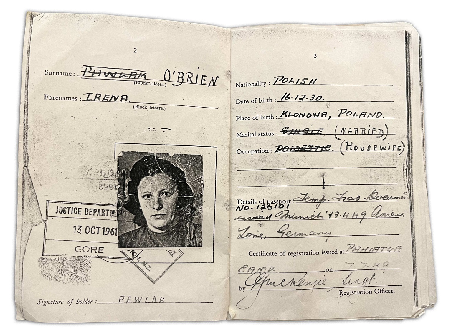 The registration papers of Polish World War 2 refugee Irena O'Brien (nee Pawlak), issued by the...