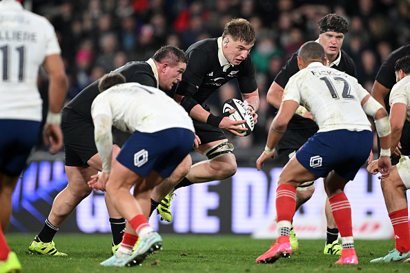 All Blacks lock Fabian Holland runs the ball at the French defence. Photo: Getty Images