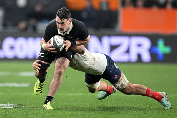 All Black Will Jordan passes during Saturday’s test match against France at Forsyth Barr Stadium....