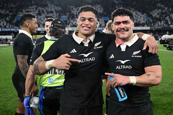 Christian Lio-Willie (left) and Du’Plessis Kirifi pose for a post-match photo after the first...