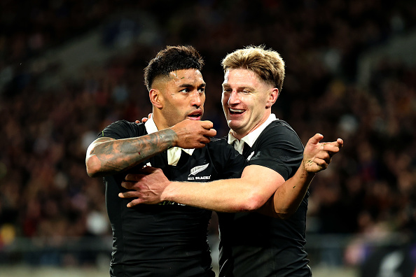Rieko Ioane celebrates a try with Jordie Barrett. Photo: Getty Images