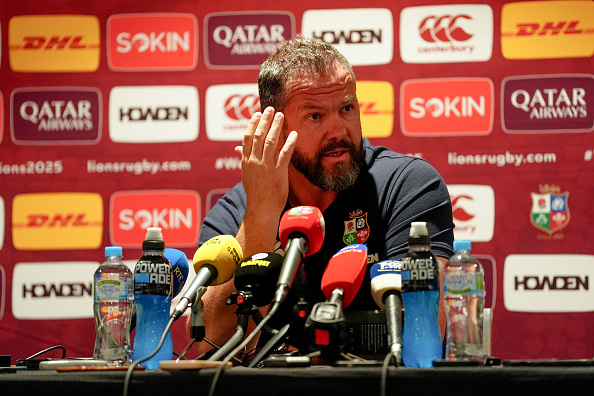 British and Irish Lions coach Andy Farrell speaks at a press conference today. Photo: Getty Images