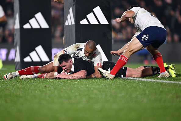All Black debutant Brodie McAlister scores the decisive try against the French in Hamilton. Photo...