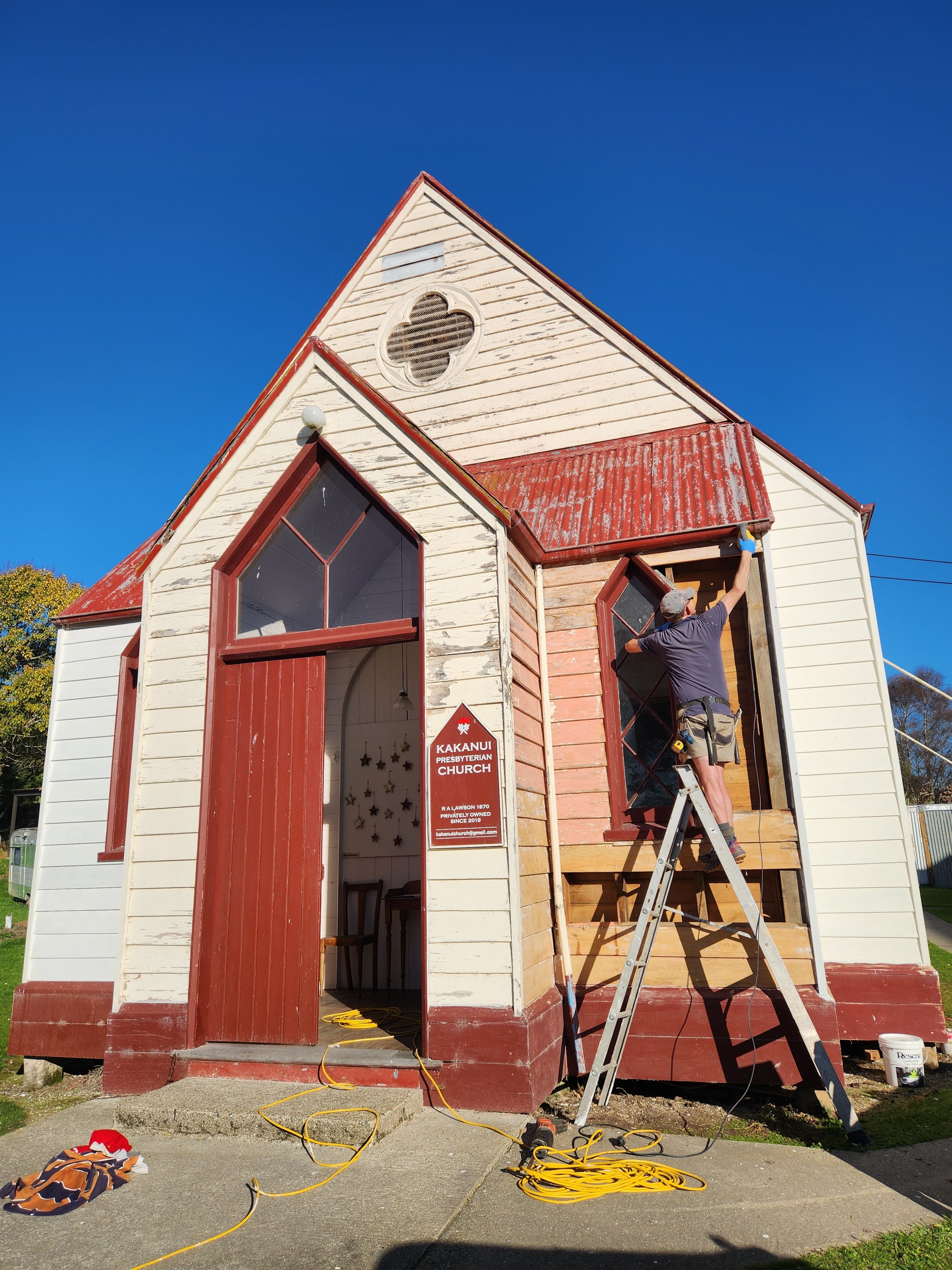 Michael Simpson hard at work on the restoration of the Kakanui church. PHOTO: MICHAEL SIMPSON &...
