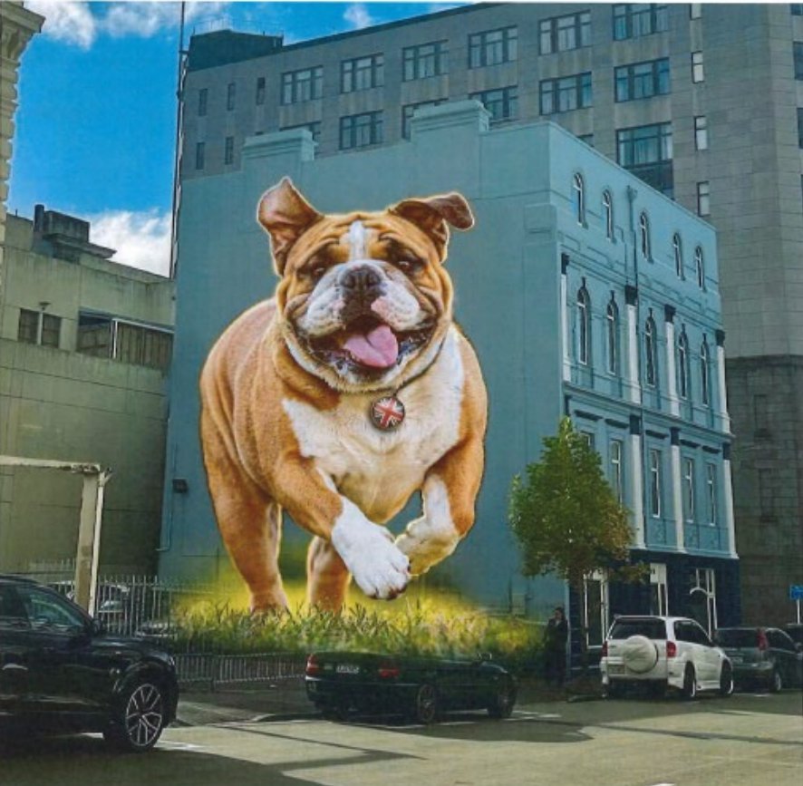 A design for a proposed mural depicting a British bulldog on the Mansfield Apartments building,...