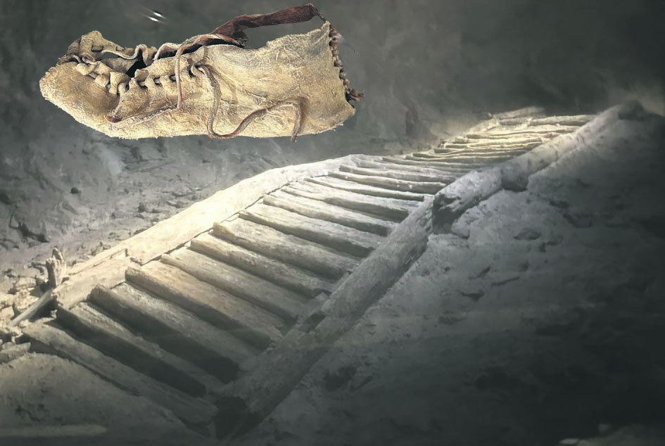 A staircase built 3133 years ago, and the shoe of one of the miners who would have climbed it. ...
