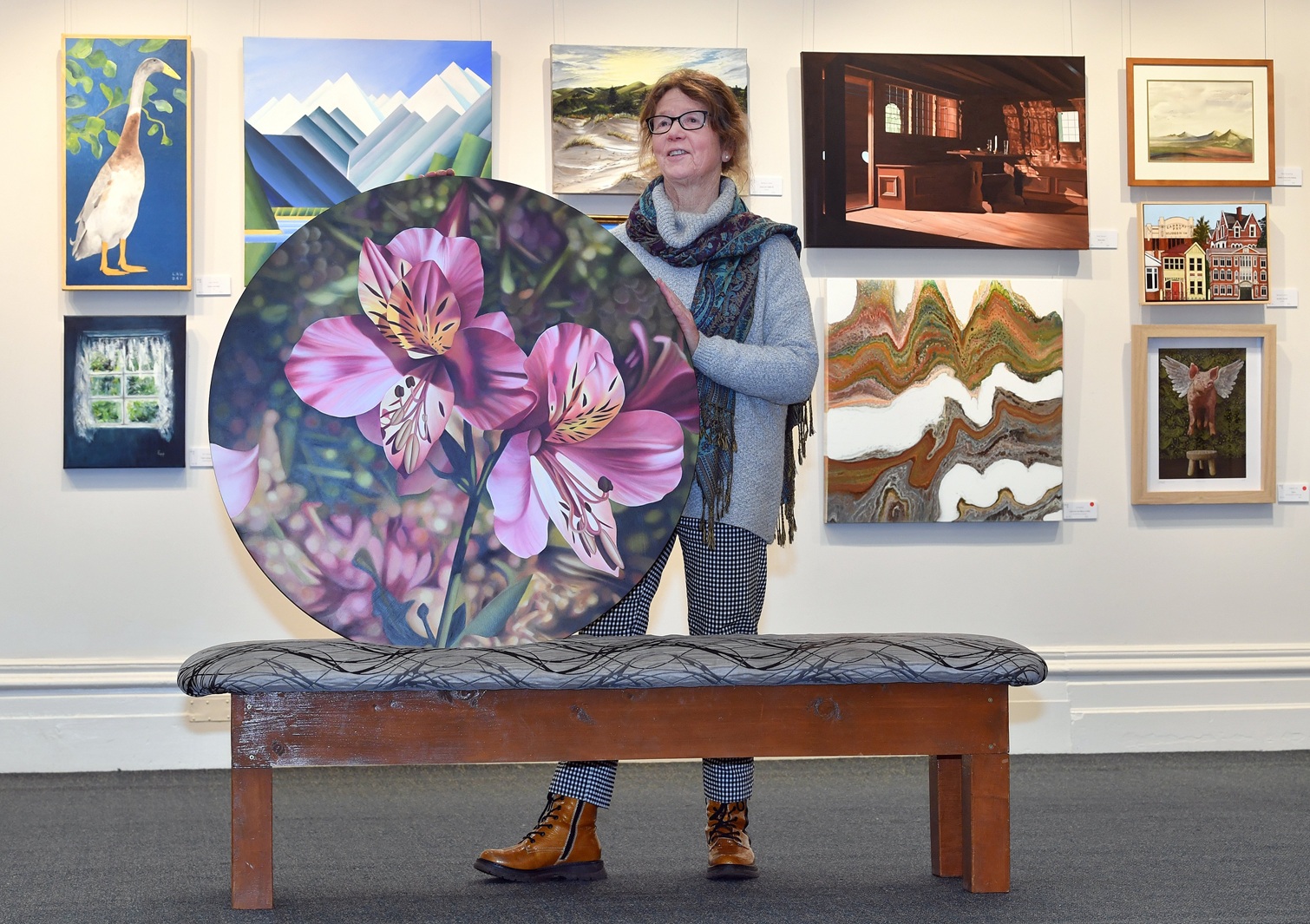Rod Eales shows off her award-winning work at the Dunedin Railway Station on Saturday. Her work...