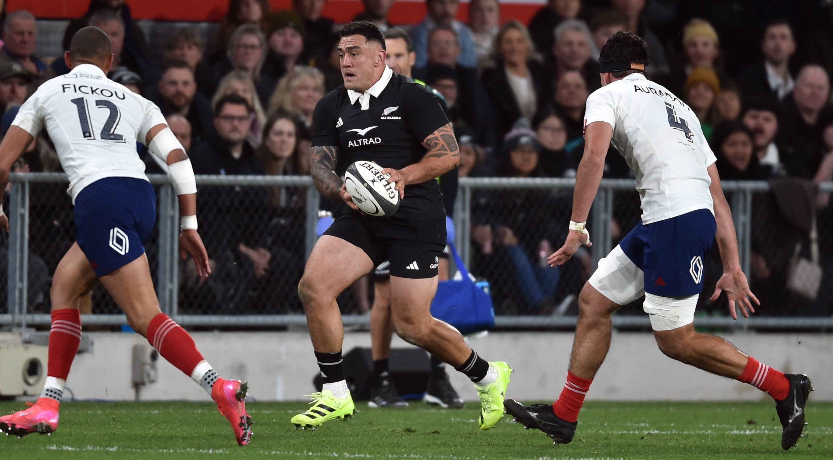 Codie Taylor runs at the French defence during the first test. Photo: Peter McIntosh