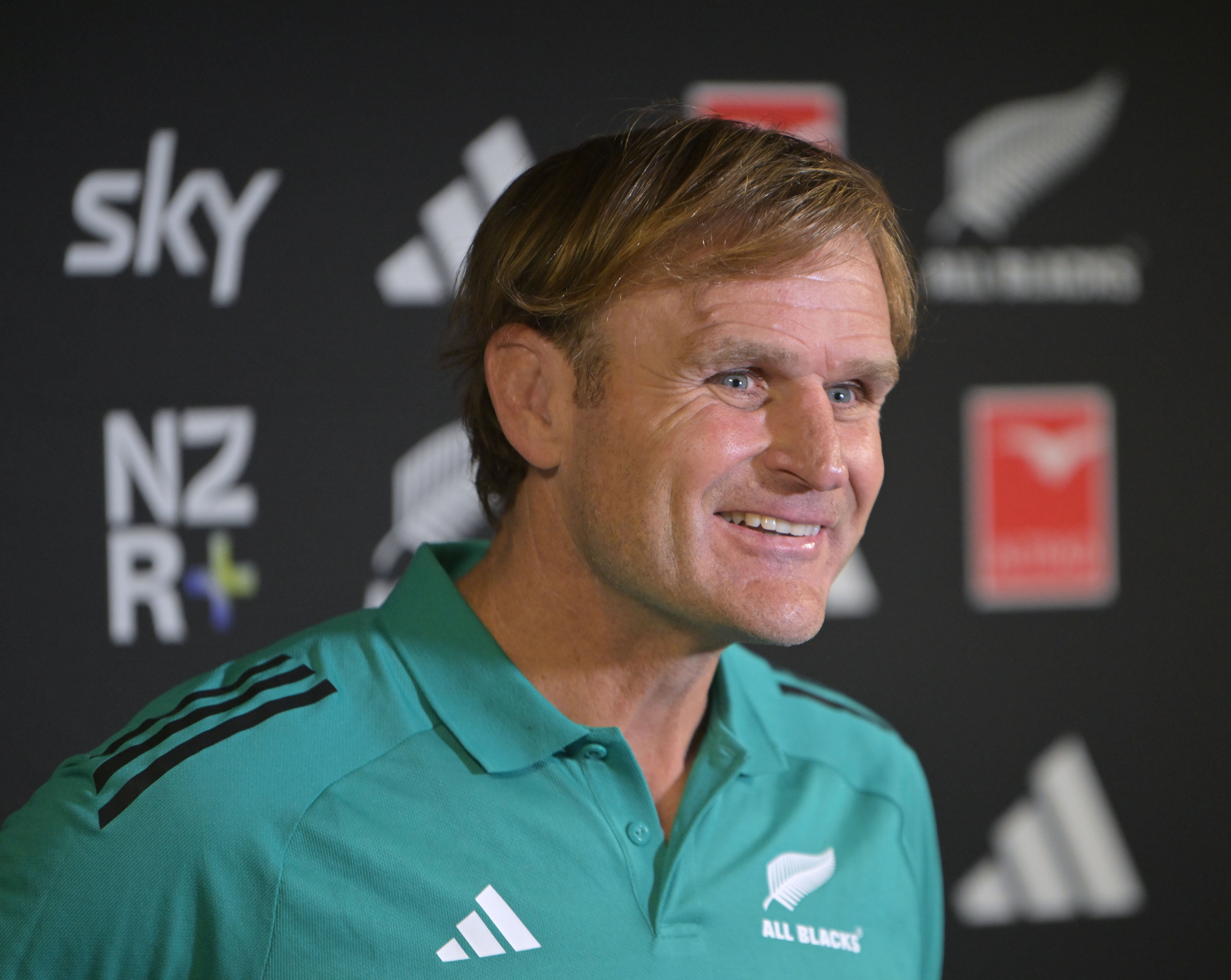 All Blacks coach Scott Robertson considers a question at a media conference at Forsyth Barr...