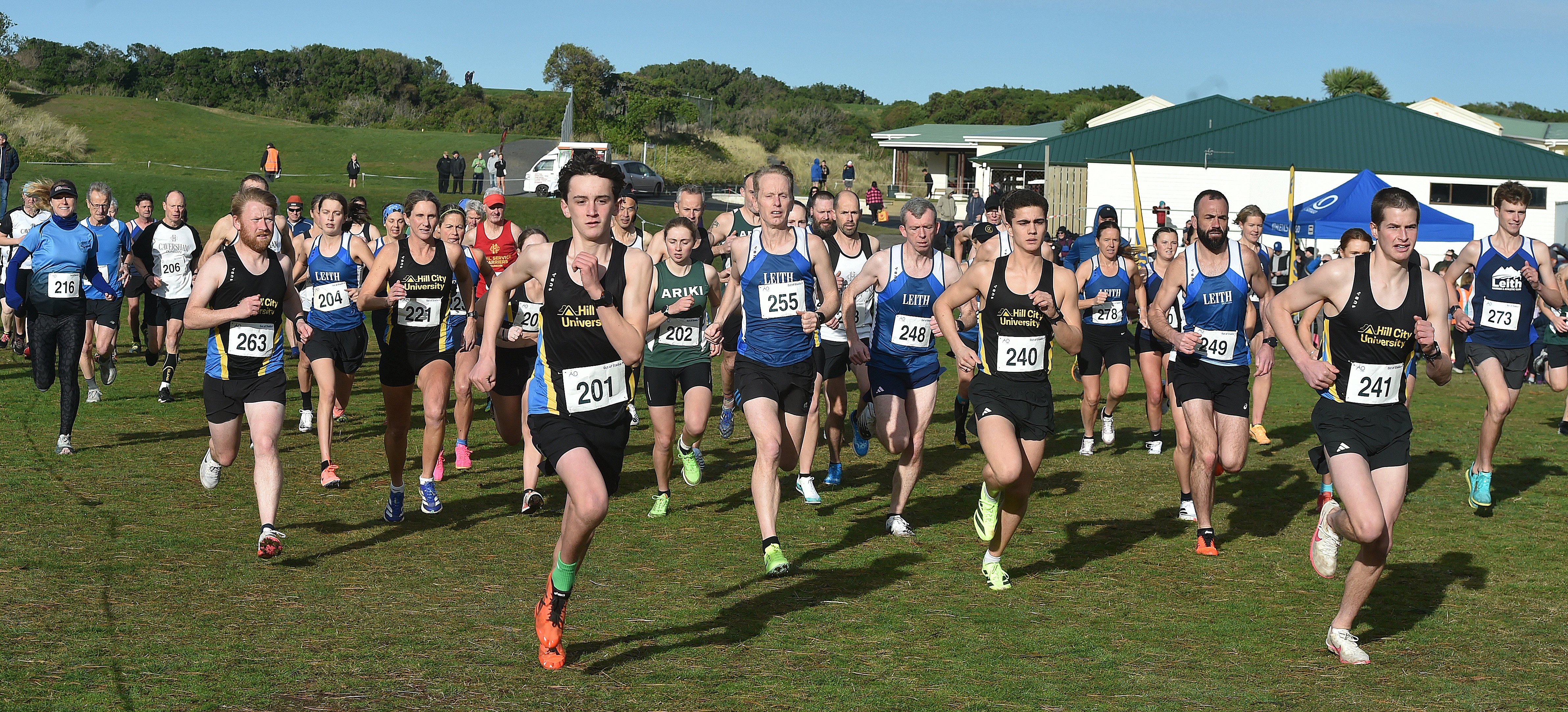 A large senior field takes off from the start of the Otago cross country at Chisholm Park. PHOTO:...