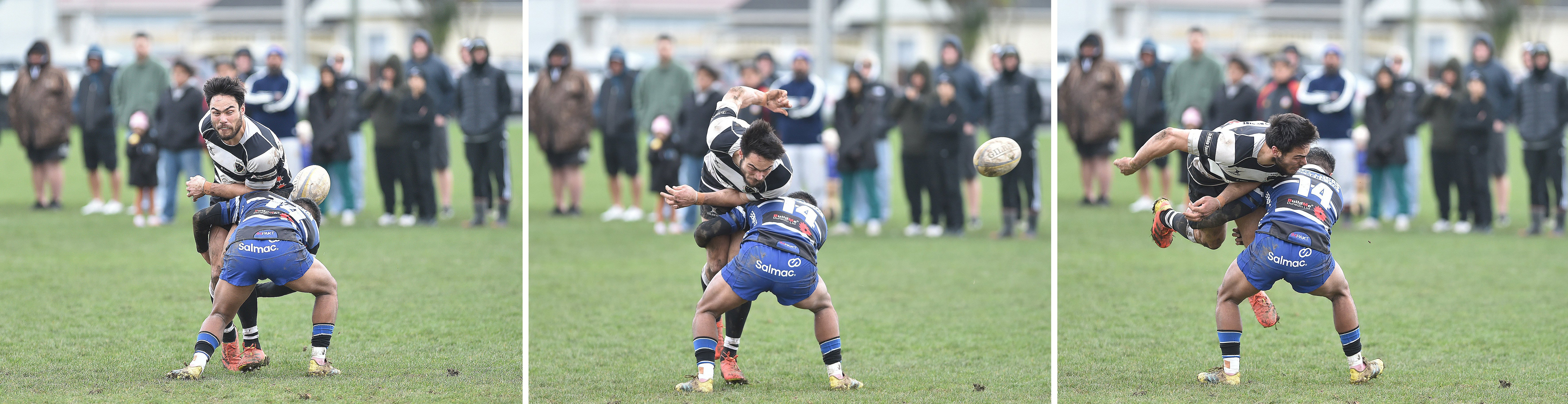 Southern centre Josh Timu offloads with a backhand flick pass as he is tackled by Kaikorai winger...