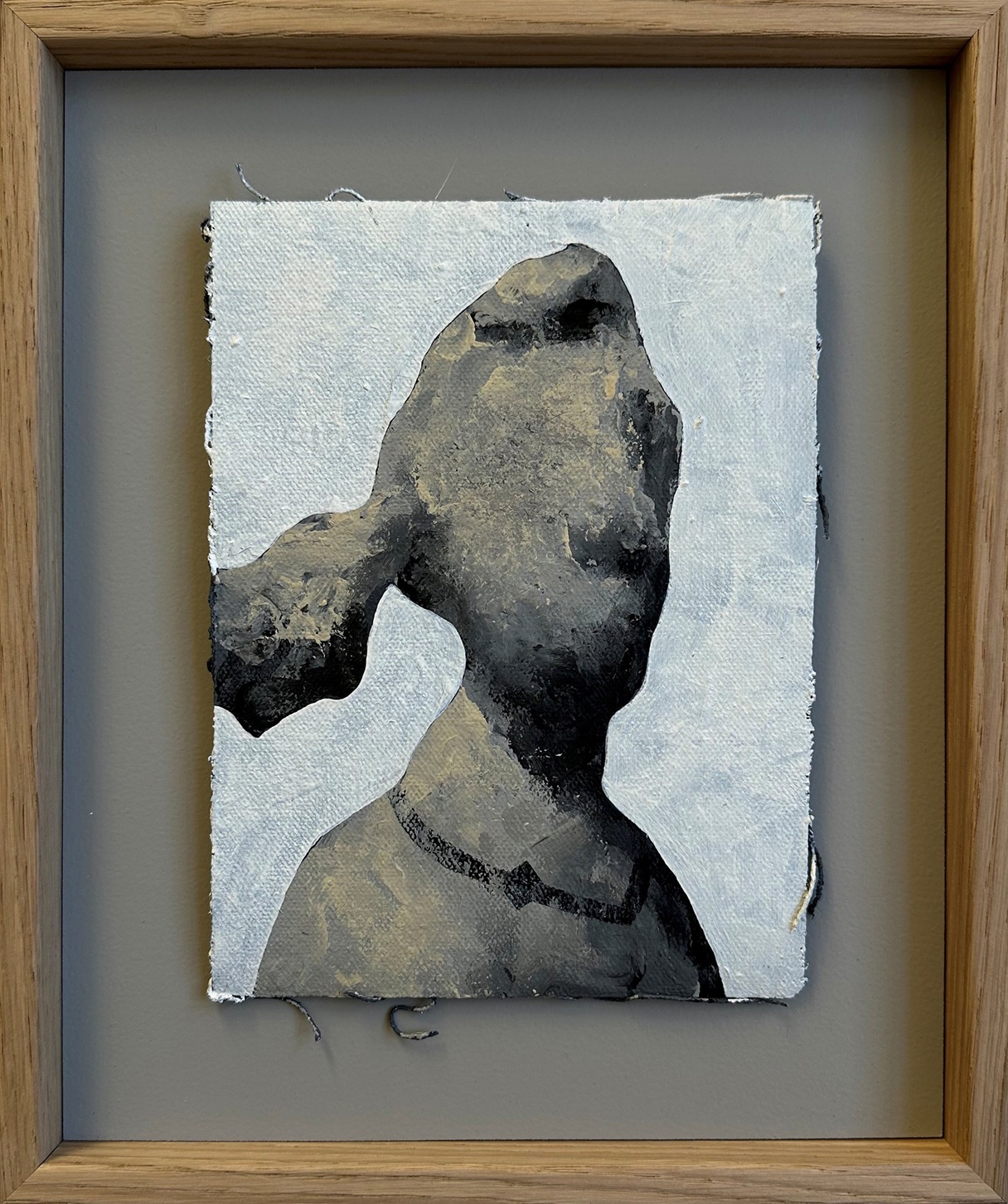 Mugshot 5 (2025), acrylic on frayed canvas, framed.