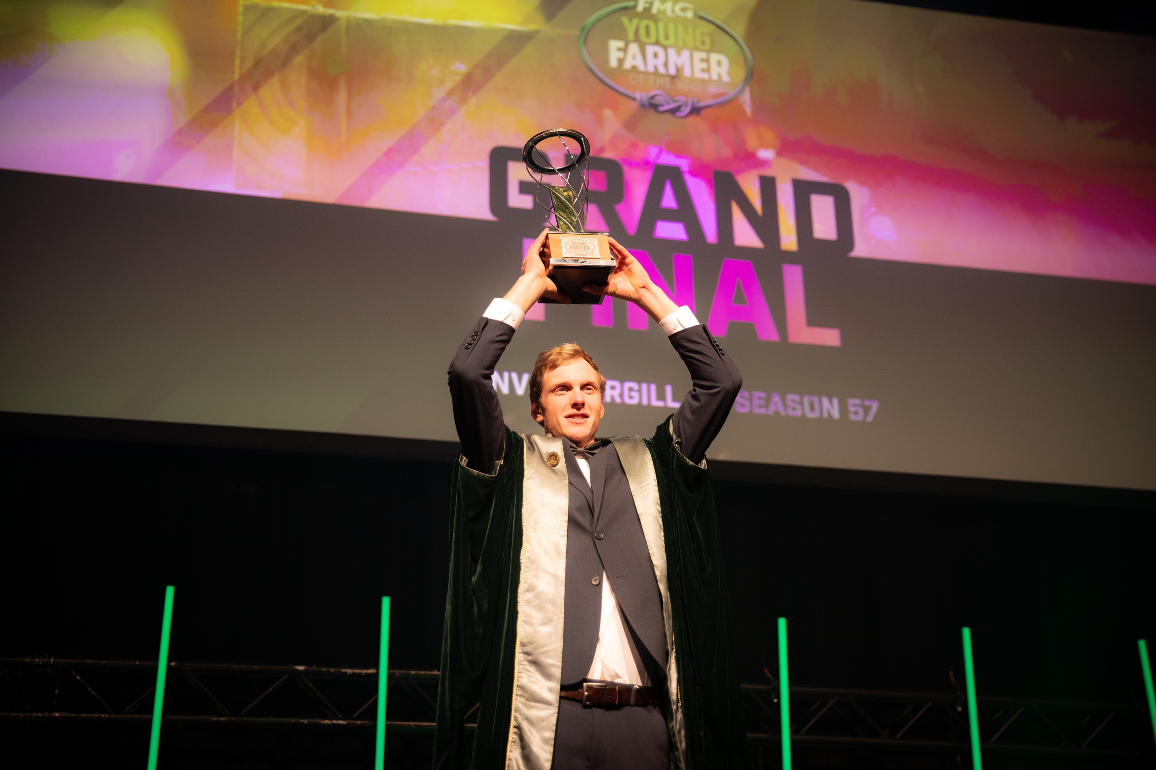 Young Farmer of the Year grand final winner Hugh Jackson proudly displays the top prize trophy he...