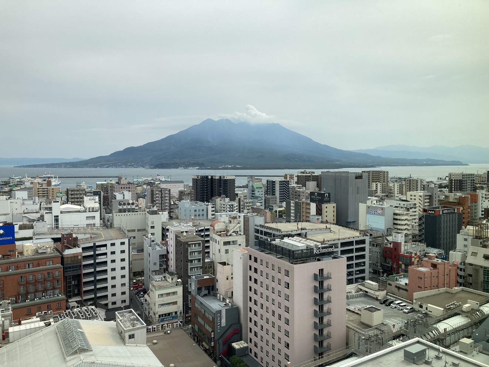 Sakurajima looms over Kagoshima city; it erupted 44 times in the first three months of this year!