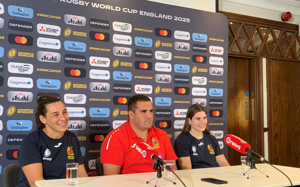Spanish player Mónica Castello, coach Juan González and Claudia Peña address media. Photo: RNZ...