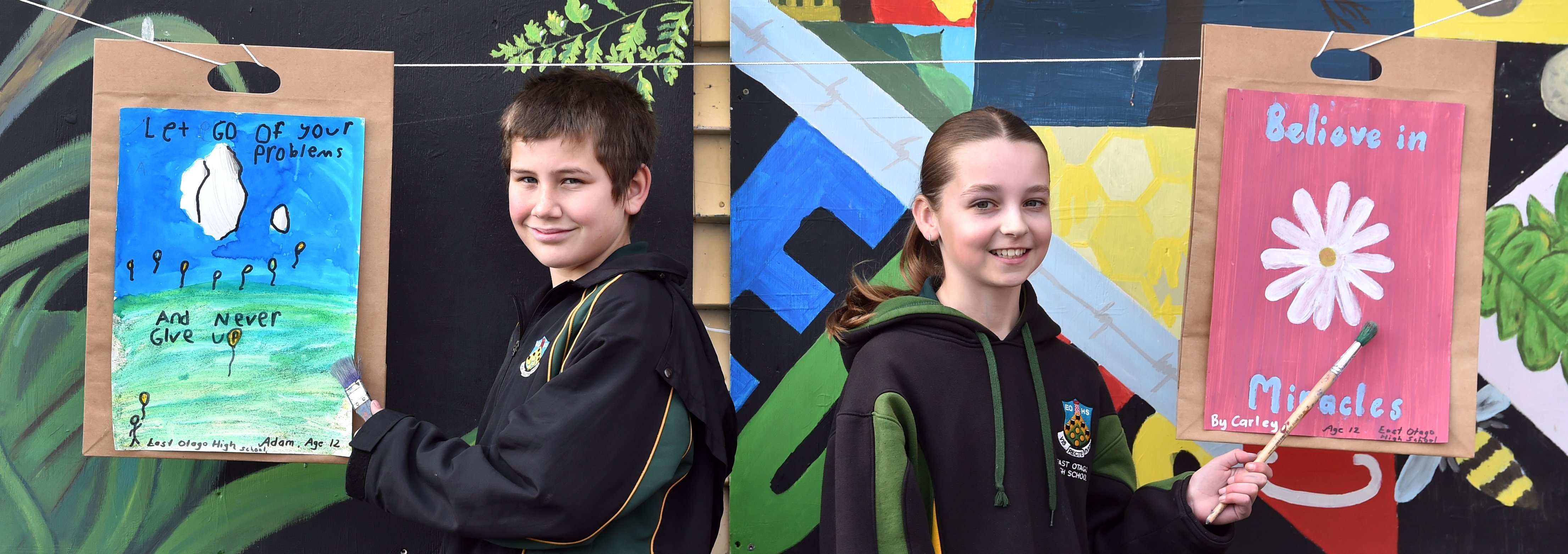 East Otago High School year 7 pupil Adam Brown and Carley Porter, both 12, display the bags they...
