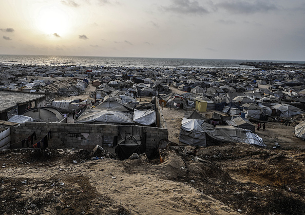 A picture taken on August 14, 2025, shows tents housing displaced Palestinians in Gaza City....