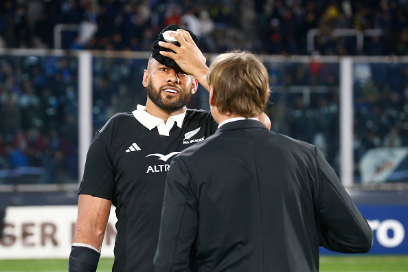 All Blacks lock Patrick Tuipulotu ices his head after the team's game against Argentina in...