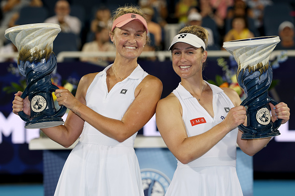 Erin Routliffe (left) and Gabriela Dabrowski with their Rookwood Cups. Photo: Getty Images