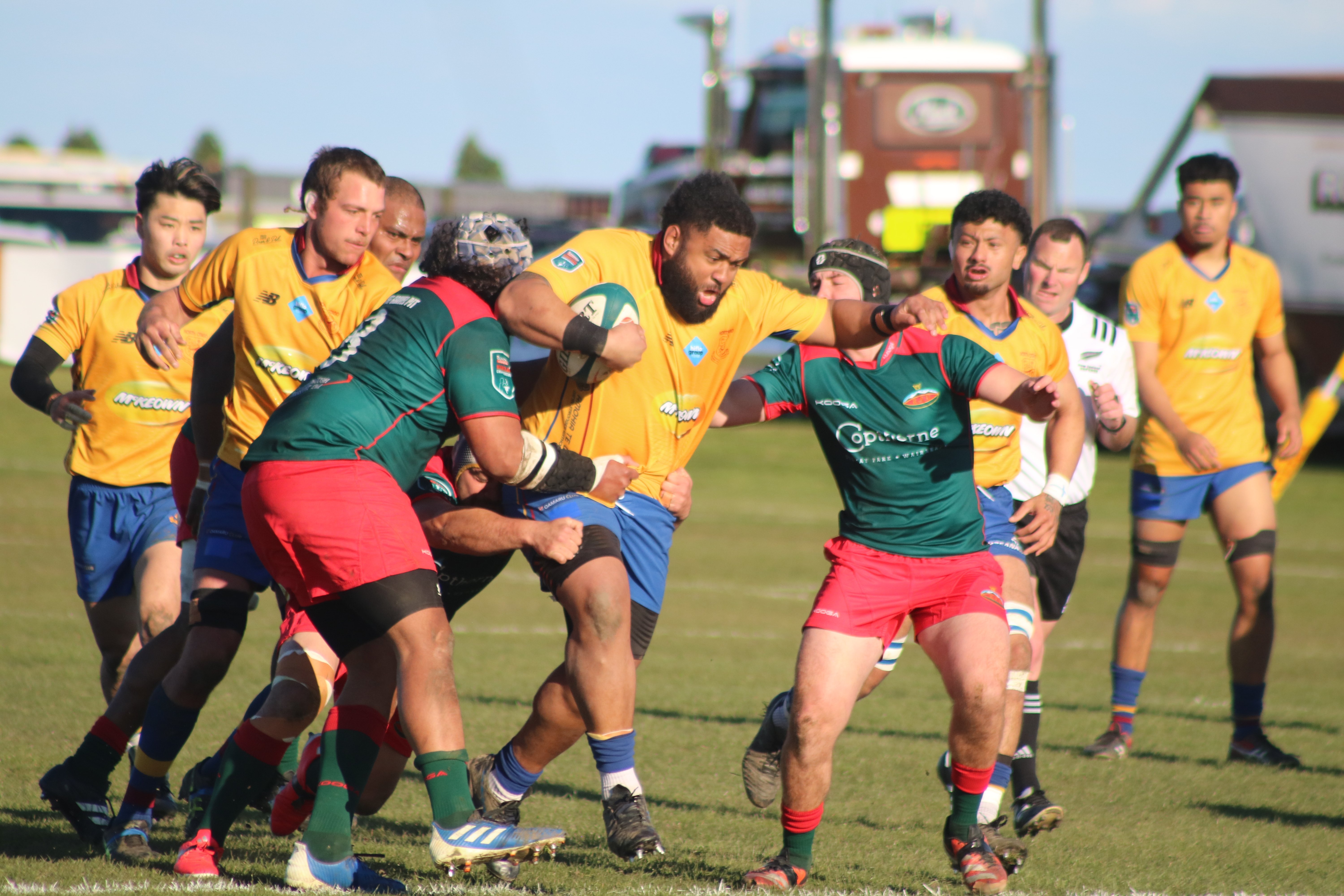North Otago prop Mateo Qolisese tries to find a way through the Wairarapa-Bush defence during the...