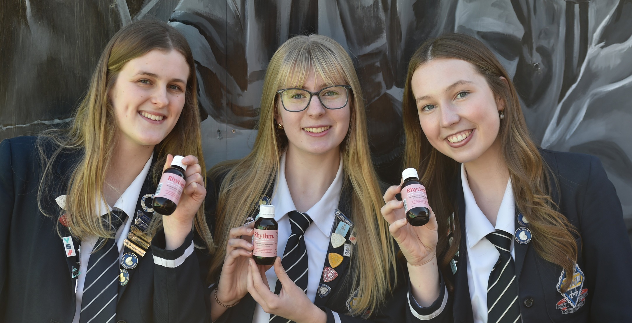 Emma Fahey, Theresa Radka and Hayley Reynolds with the drink supplement they have formulated to...