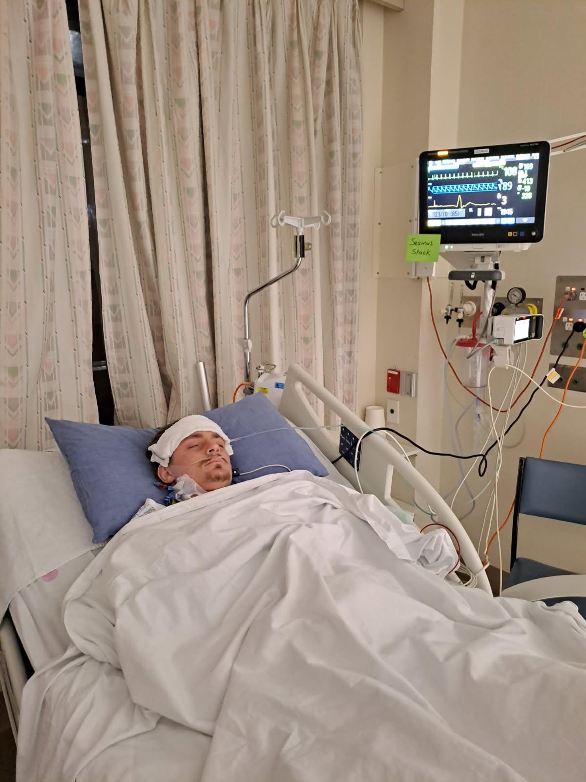 Seamus Stack in ICU last Wednesday before having open-heart surgery. Photo: Supplied