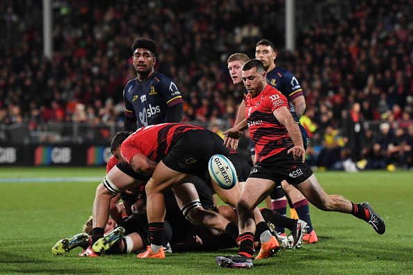 Crusader Kyle Preston prepares to kick the ball during a Super Rugby Pacific game against the...